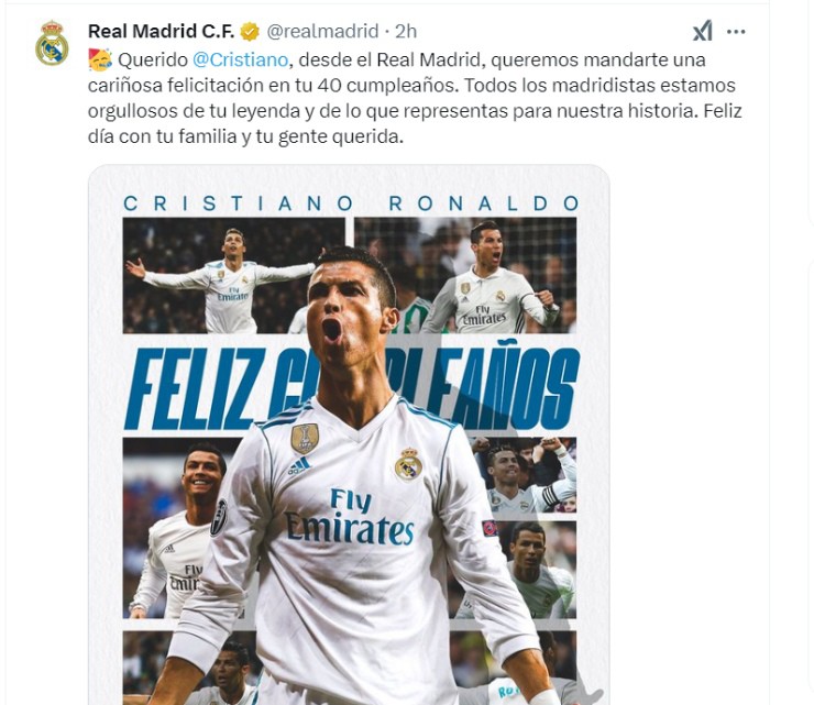 Real Madrid chúc mừng sinh nhật tuổi 40 của Ronaldo