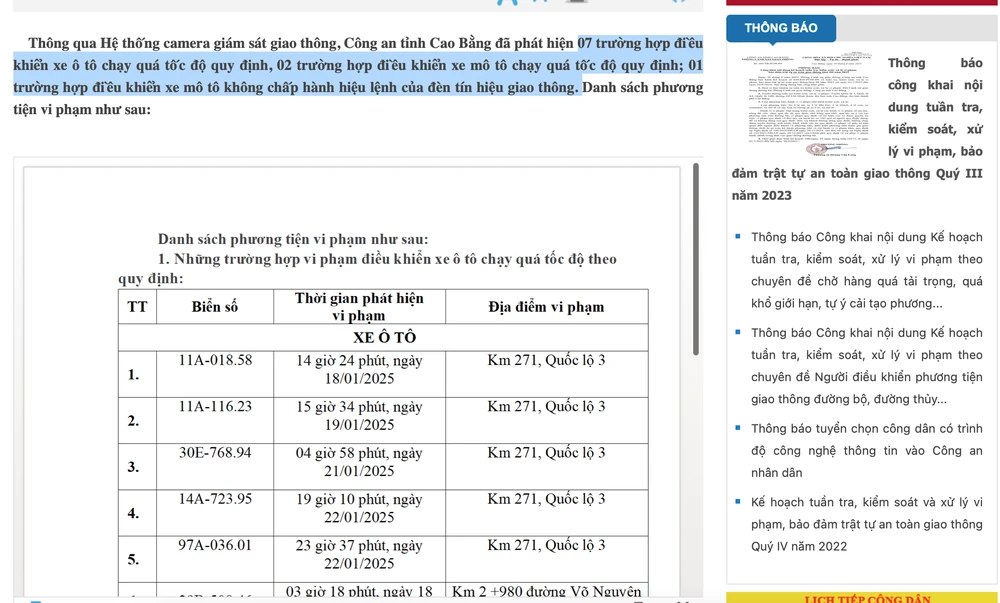 Danh sách xe vi phạm được bổ bố tại tỉnh Cao. Bằng. Ảnh: HĐ