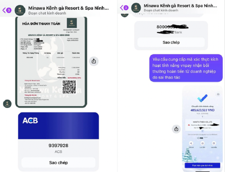 Khách hàng đặt phòng qua fanpage bị dẫn dắt bằng những tin nhắn mã xác thực để trả lại khoản tiền chuyển sai nội dung.