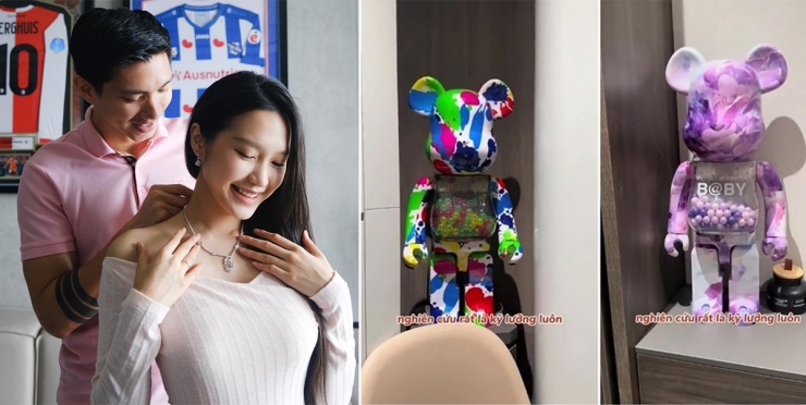 Đoàn Văn Hậu và bà xã Doãn Hải My cũng yêu thích bearbrick. Căn hộ của hai người trưng bày một số phiên bản gấu bụng phệ giá khoảng 50 triệu đồng mỗi con.