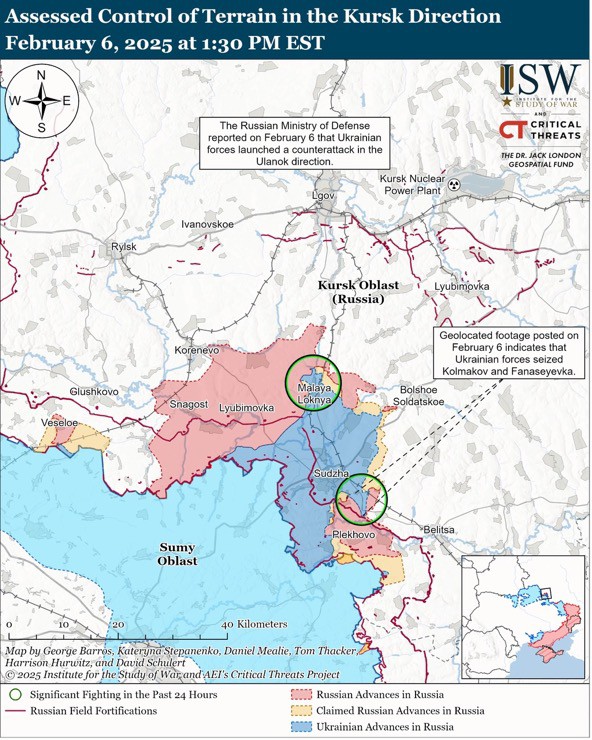 Vùng màu xanh (khoanh tròn) biểu thị bước tiến mới của Ukraine ở vùng Kursk. Ảnh: ISW.