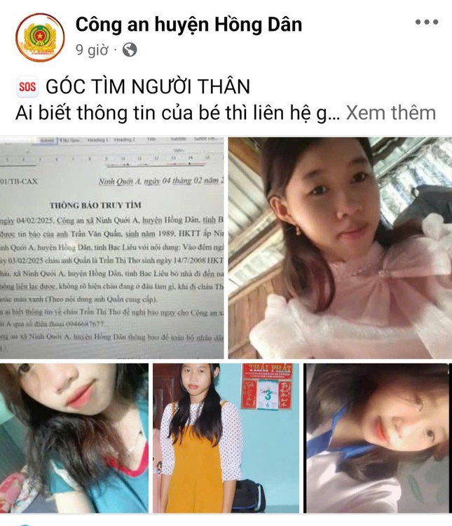 Fanpage Công an huyện Hồng Dân phát đi thông báo truy tìm nữ sinh T. Ảnh chụp màn hình.