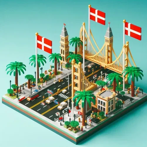 Tác phẩm lego với lá cờ Đan Mạch trên cầu Cổng Vàng - danh thắng nổi tiếng của bang California (Mỹ) - một trong những hình ảnh minh hoạ cho kiến nghị Copenhagen mua lại vùng đất này của Mỹ. Ảnh: DENMARKIFICATION