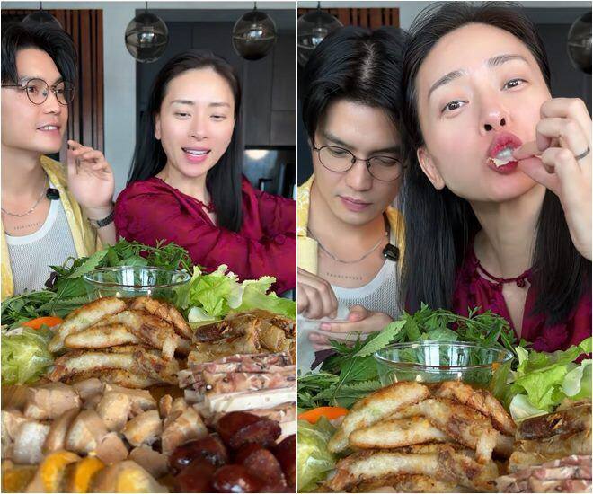 Ngô Thanh Vân khen chồng “được quá ha” và hào hứng “mukbang”. Cô còn xuýt xoa rằng món bánh chưng nước lọc ông xã: “Thấy chồng làm ngon quá trời luôn, vợ muốn thử”.