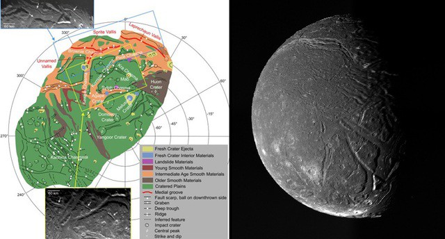 Bản đồ một số đặc điểm địa chất trên bề mặt Ariel và hình ảnh mà tàu NASA chụp mặt trăng này - Ảnh: NASA/ĐẠI HỌC JOHN HOPIKINS
