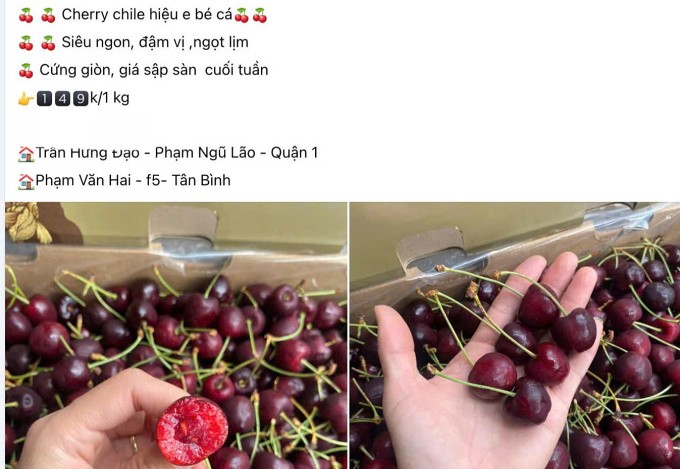 Cherry được chủ cửa hàng ở quận 1 rao bán với giá 149.000 đồng một kg. Ảnh chụp màn hình