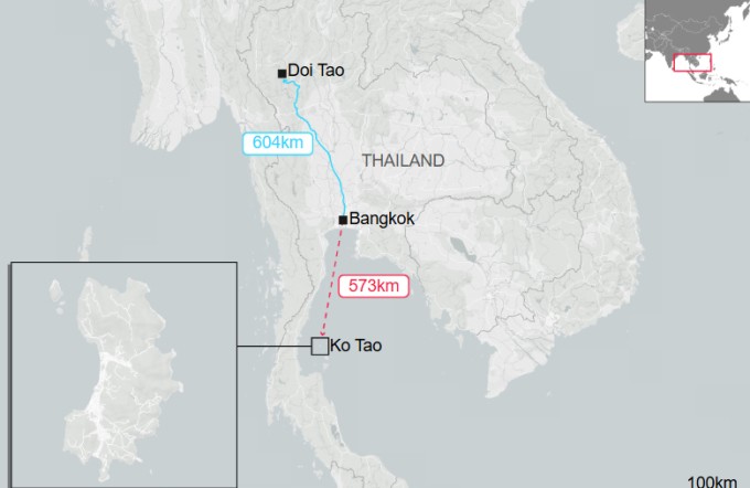 Ảnh chụp Google Maps cho thấy khoảng cách từ Bangkok đến Ko Tao và Doi Tao mà Jack đã đi nhầm. Ảnh: GM