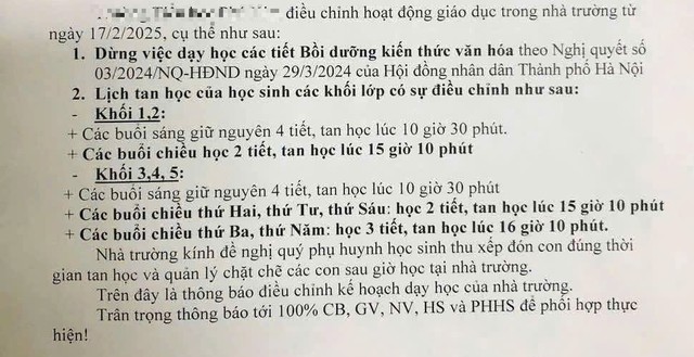 Nhiều trường trên địa bàn Hà Nội đã tiến hành điều chỉnh thời gian học theo Thông tư 29. Ảnh: NVCC.