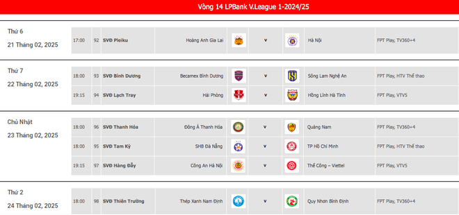 Lịch thi đấu vòng 14 V-League 2024/25