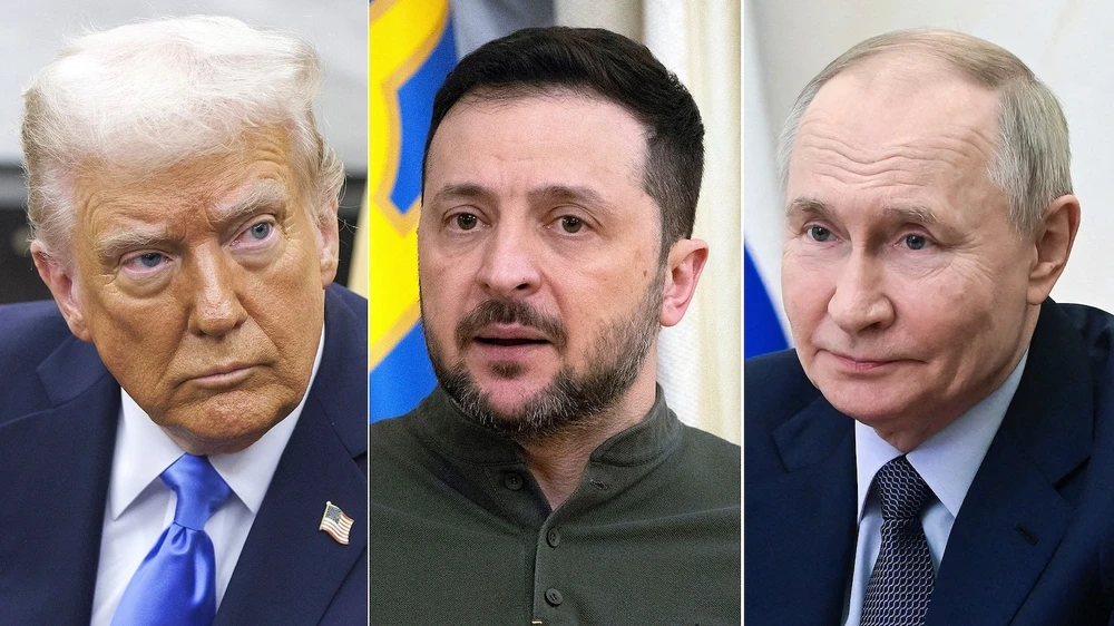 (Từ trái sang) Tổng thống Mỹ Donald Trump, Tổng thống Ukraine Volodymyr Zelensky và Tổng thống Nga Vladimir Putin. Ảnh: ABC