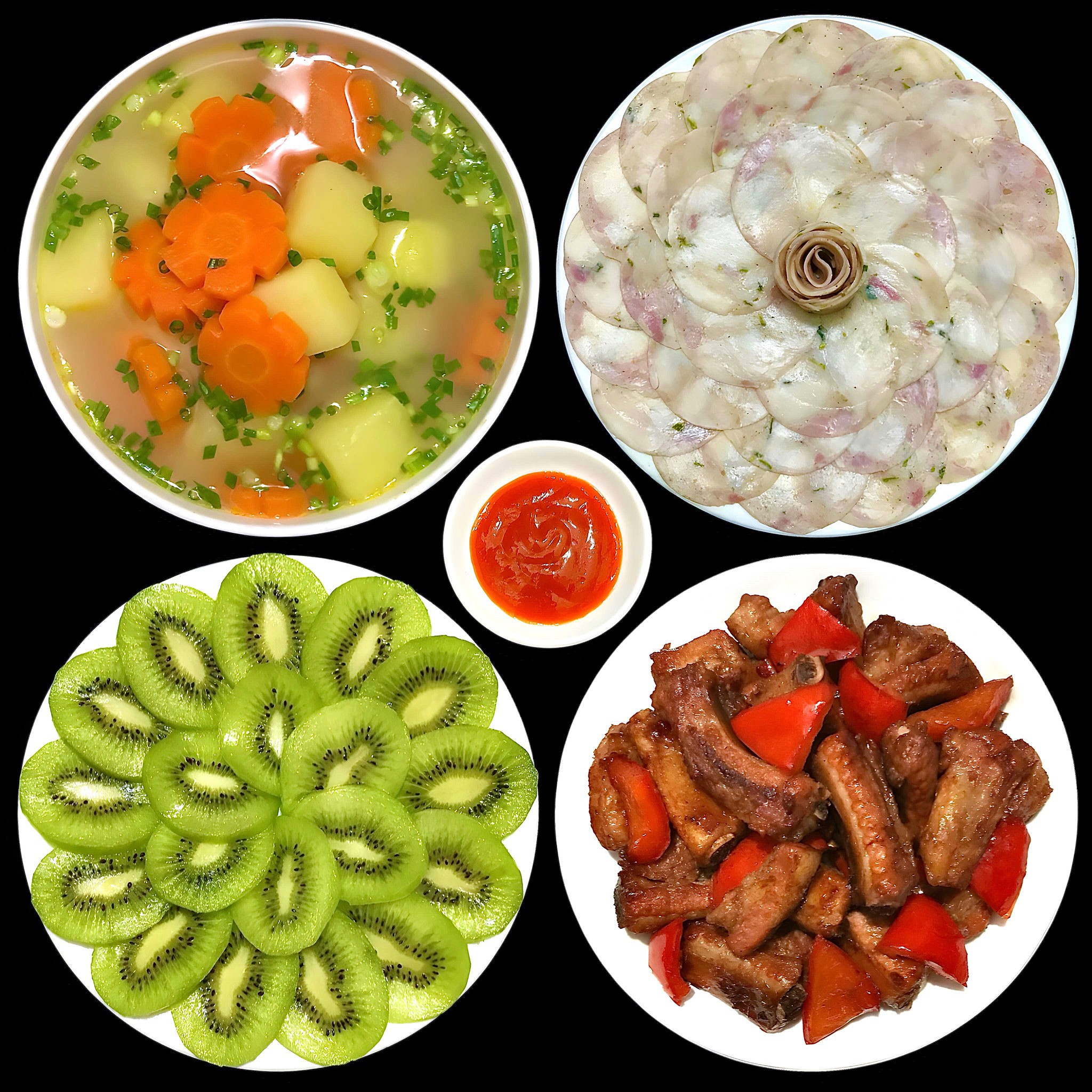 Canh khoai, phi lê gà xông khói, sườn nướng xá xíu, kiwi.