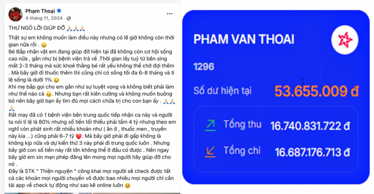 Từ ngày 4/11/2024 - 24/2/2025, tổng số tiền mà tài khoản MB do Phạm Thoại đứng tên để quyên góp chi phí chữa bệnh cho bé Bắp nhận được là 16,740 tỷ đồng. Ảnh: FBNV.