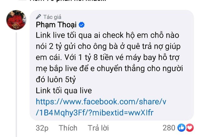 Phạm Thoại hứa chuyển 5 tỉ đồng cho người phát hiện anh nói về các khoản chi ngoài mục đích