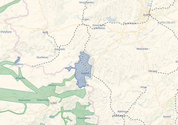 Khu vực Ukraine kiểm soát ở vùng Kursk của Nga chỉ còn hơn 400km2 (vùng màu xanh).&nbsp;&nbsp;Ảnh: DeepState.