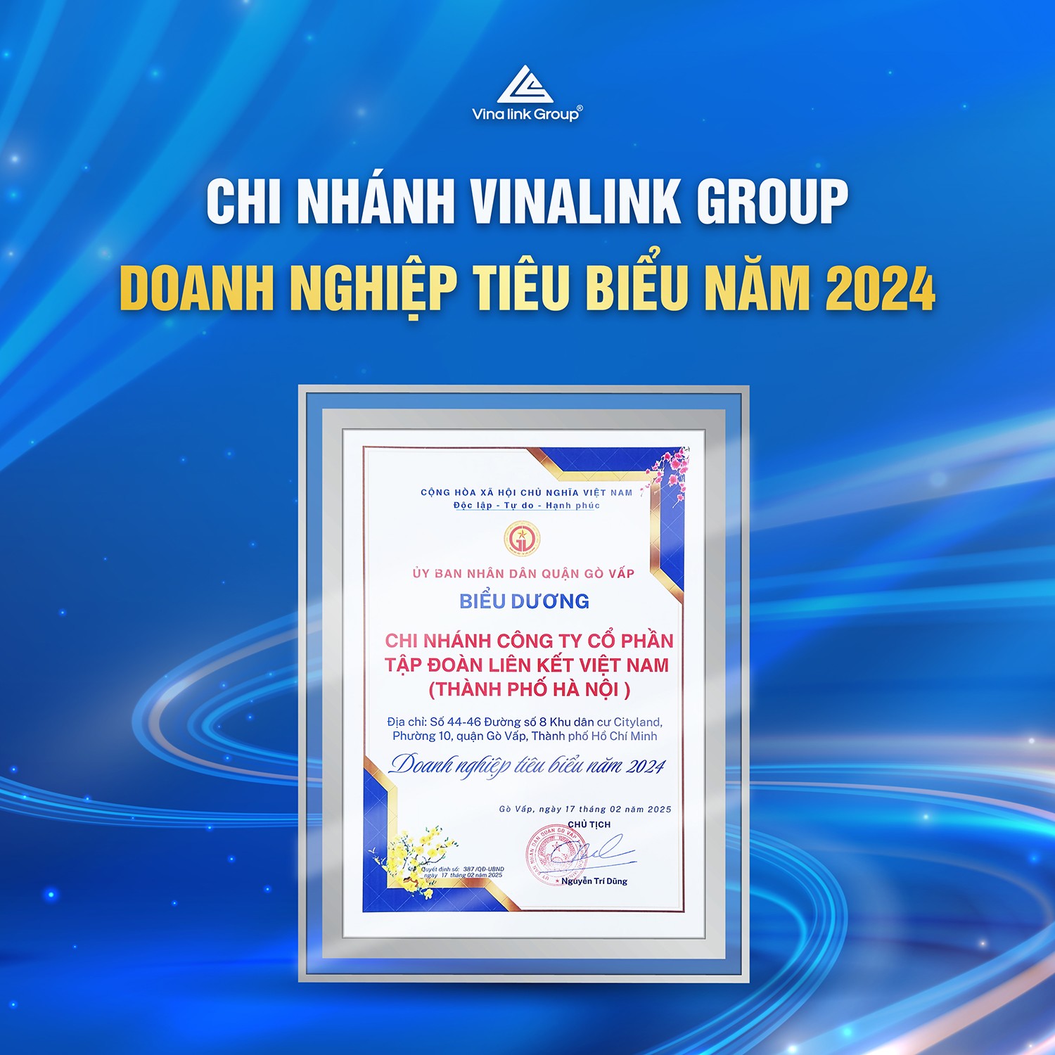 Chi nhánh Vinalink Group vinh dự được UBND quận Gò Vấp biểu dương là Doanh nghiệp tiêu biểu năm 2024.