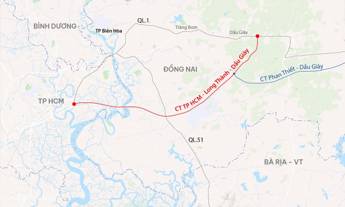 Hướng tuyến cao tốc TP HCM - Long Thành - Dầu Giây. Đồ họa: Đăng Hiếu