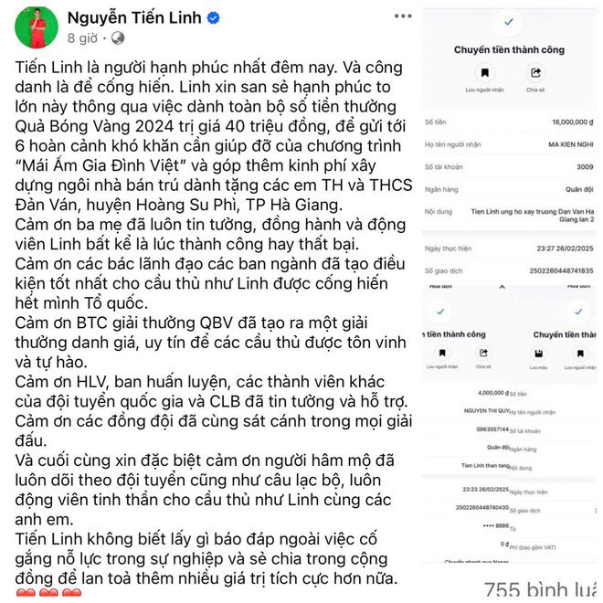 Tiền đạo 1997 gửi lời cảm ơn mọi người và gửi tặng toàn bộ 40 triệu đồng tiền thưởng cho các hoàn cảnh khó khăn