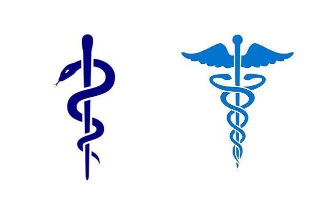 Biểu tượng Gậy Asclepius (trái) và biểu tượng Caduceus (phải). Ảnh: Pexel