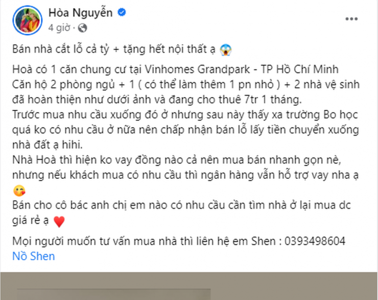 Hòa Minzy rao bán chung cư tại TP.HCM