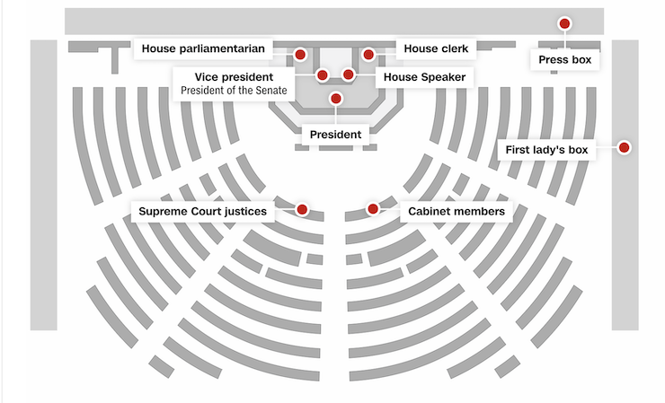 Sơ đồ chỗ ngồi trong sự kiện ông Trump lần đầu phát biểu trước Quốc hội Mỹ trong nhiệm kỳ hai nắm quyền. Ảnh: CNN.