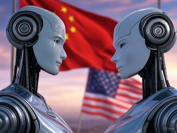 Minh họa robot hình người giữa Mỹ và Trung Quốc. Ảnh: xAI Grok