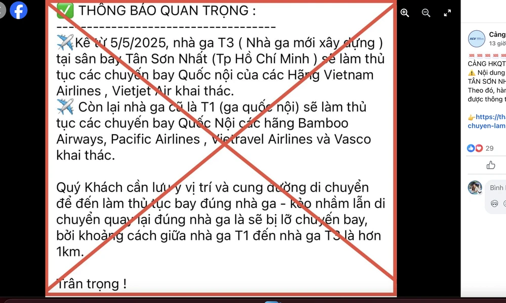 Thông tin lan truyền chuyển vị trí làm thủ tục các chuyến bay sang ga T3 Tân Sơn Nhất trên mạng xã hội.