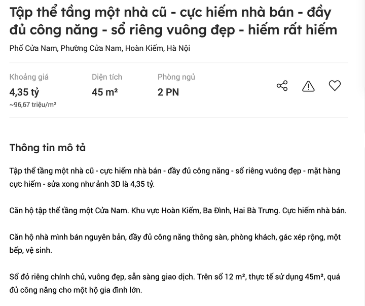 Nhà tập thể cũ ở Hà Nội được rao bán giá hơn 350 triệu đồng/m²