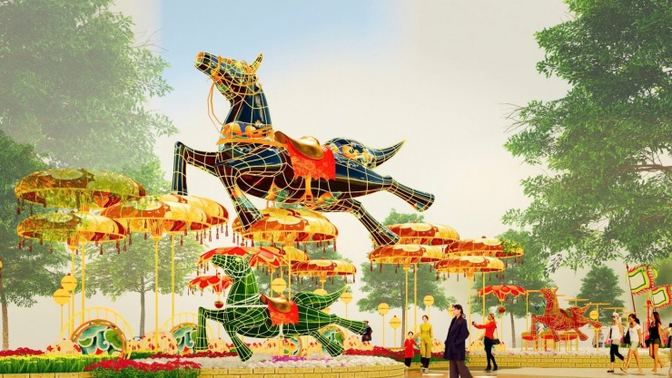 Lấy cảm hứng từ bản dân ca Lý ngựa ô, cụm đại cảnh cùng tên tái hiện đậm nét văn hóa Nam Bộ với tạo hình vui nhộn, gam màu xanh ngả tím độc đáo. Điểm nhấn của thiết kế nằm ở bề mặt linh vật sử dụng hiệu ứng sơn mài kết hợp hoa văn mây sóng 3D hologram, tạo nên hình ảnh óng ánh, bắt mắt khi phản chiếu dưới ánh nắng mặt trời.