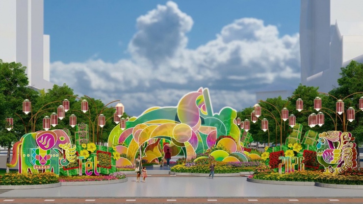 Lần đầu trong 23 năm tổ chức, đường hoa mang đến hai phiên bản trải nghiệm khác biệt giữa ngày và đêm trong cùng một không gian trên tuyến phố Nguyễn Huệ. Ở phiên bản ban ngày, đại cảnh Ngựa chín hồng mao lấy cảm hứng từ truyền thuyết Sơn Tinh - Thủy Tinh, được khắc họa bằng nhiều lớp màu sắc, cao 6,4 m. Hình tượng “chín hồng mao” mang ý nghĩa viên mãn, cát tường, kết hợp hài hòa gam nóng - lạnh cùng hiệu ứng sơn chuyển màu, tạo nên sự biến đổi sắc thái liên tục theo từng góc nhìn của du khách.