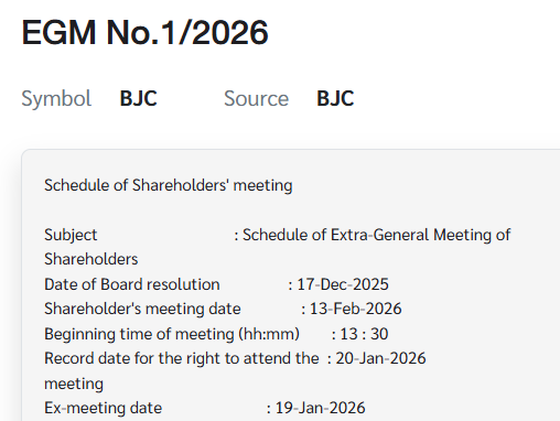 Ảnh chụp màn hình SET thông báo thời gian dự kiến Đại hội đồng cổ đông bất thường của BJC để thông qua thương vụ BJC mua lại MM Mega Market Việt Nam