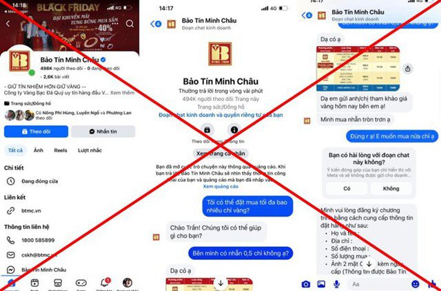 Các đối tượng giả mạo thương hiệu Bảo Tín Minh Châu hòng lừa đảo người dân đặt vàng online nhằm chiếm đoạt tài sản. Ảnh: Nhân vật cung cấp