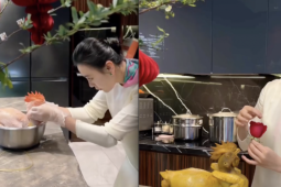 Hình ảnh diễn viên Phương Oanh luộc gà, đồ xôi trong căn bếp triệu view gây sốt