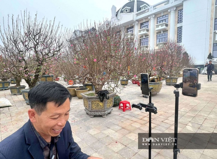 Tiểu thương Nguyễn Cường bật livestream bán đào tại chợ hoa Phú Thọ. Ảnh: Hoan Nguyễn