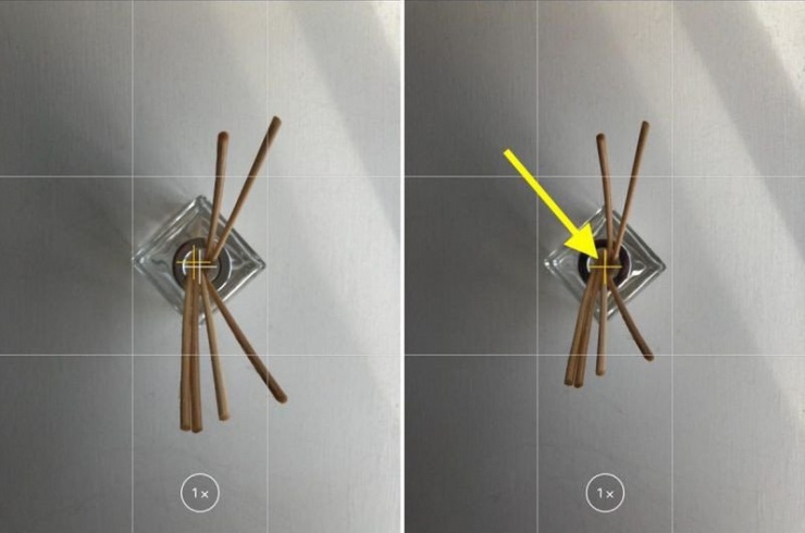 Đường ngắm đã căn chỉnh chuyển sang màu vàng (bên phải), cho biết ống kính song song với mặt đất.