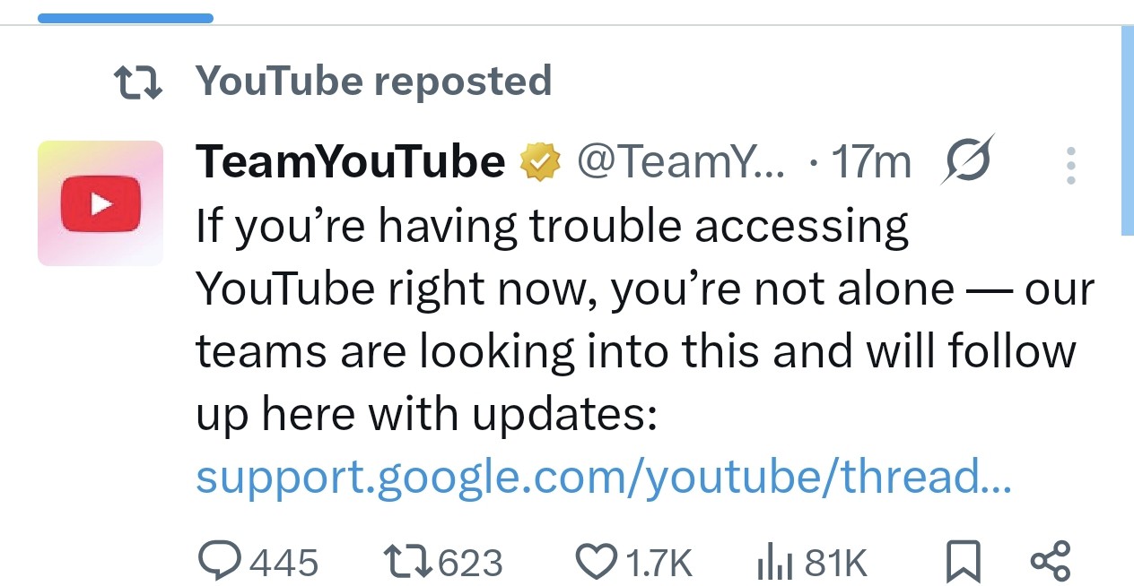  Thông báo của TeamYouTube trên X.