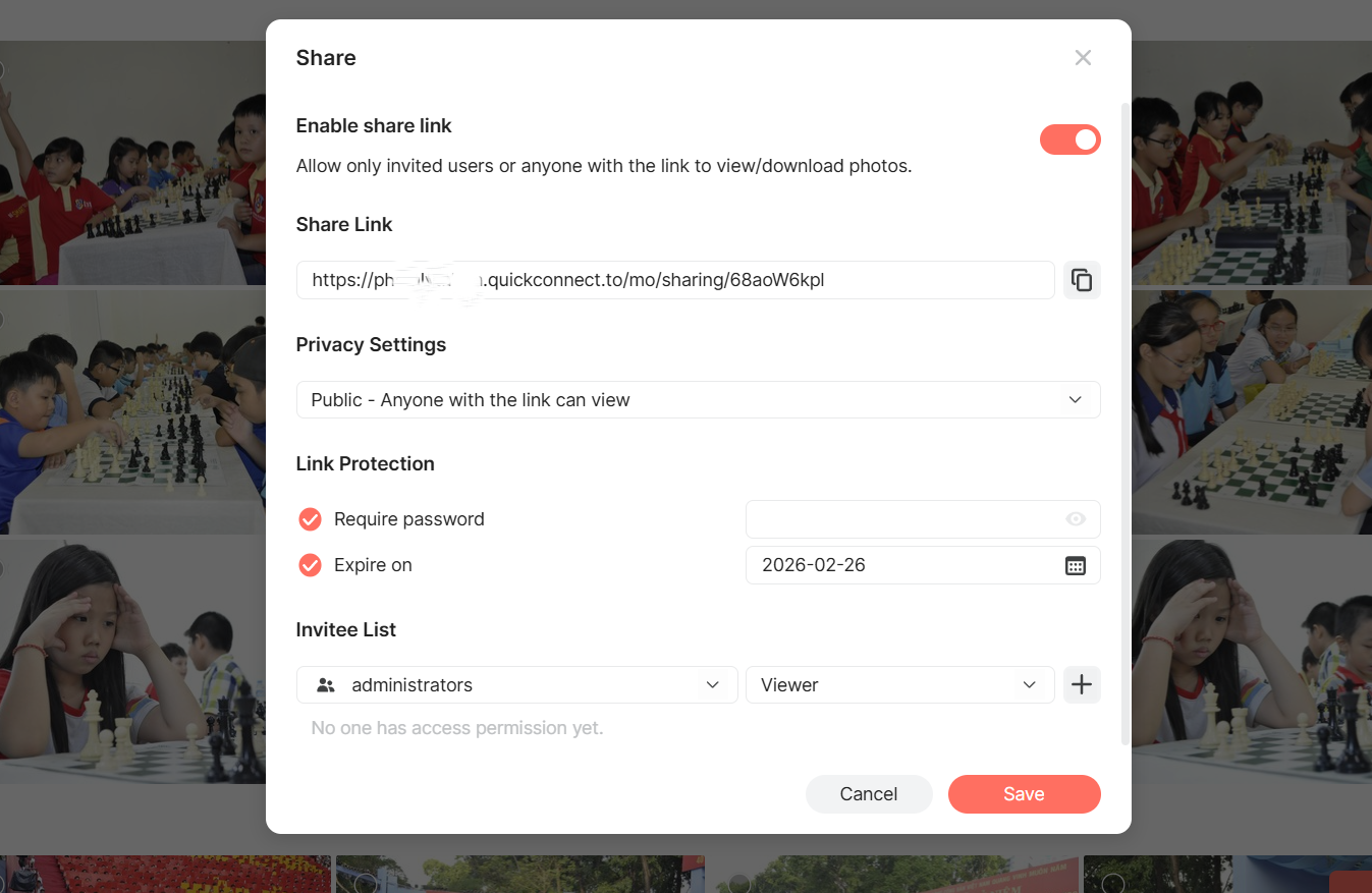 Thiết lập bảo mật khi chia sẻ ảnh/album ảnh.