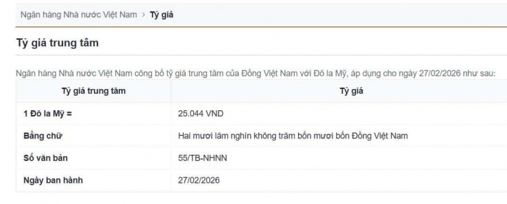 Tỷ giá trung tâm công bố ngày 27/2. Nguồn: sbv.