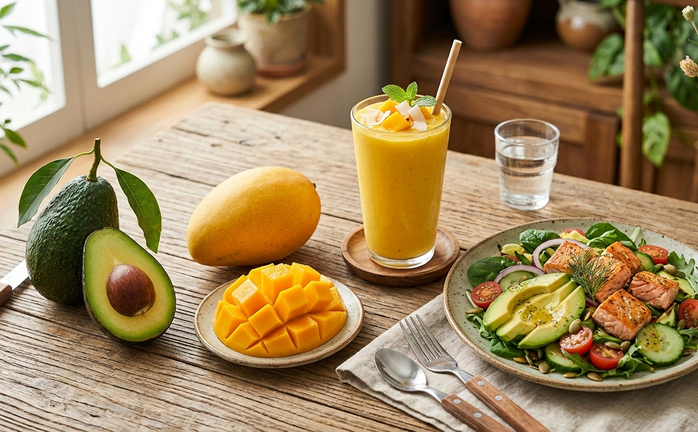 Ăn trái cây giàu dinh dưỡng như bơ và xoài giúp bảo vệ sức khỏe - Minh họa AI: Thu Anh