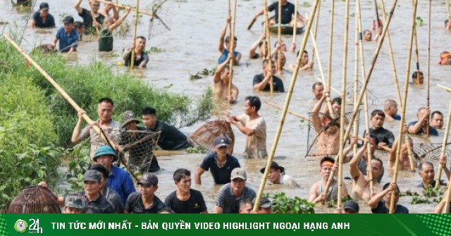 Người dân ngoại thành Hà Nội hò reo dập sào bắt cá trên sông Tích Giang