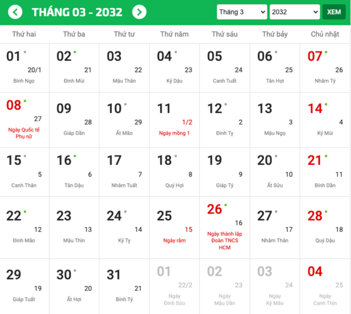 Năm 2032 có thứ Tư ngày 3/3, vì rơi vào năm nhuận. (Ảnh chụp màn hình)