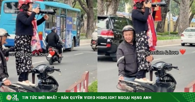 Clip cụ ông dựng xe máy giúp vợ chụp ảnh 'với cả bầu trời cưng chiều' gây sốt
