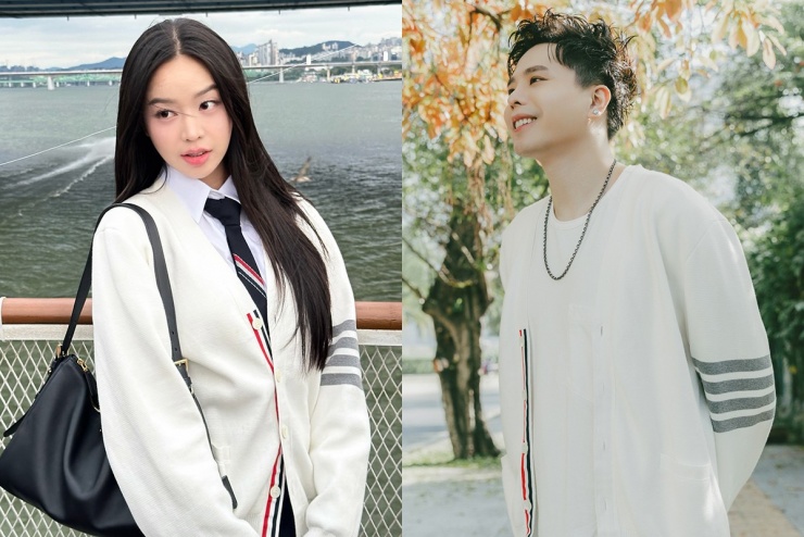 Trong chuyến đi Hàn Quốc hồi tháng 9/2025, Thanh Thủy diện đồ phong cách nữ sinh với mẫu cardigan của Thom Browne. Cách đây vài năm, Trịnh Thăng Bình từng khoe ảnh diện chiếc áo giống hệt. Đây cũng là thương hiệu xa xỉ 'ruột' mà giọng ca sinh năm 1988 thường xuyên diện nhiều năm qua.