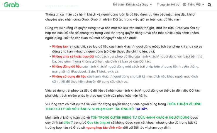 Grab đưa ra Nhắc nhở Ch&iacute;nh s&aacute;ch bảo vệ dữ liệu của h&agrave;nh kh&aacute;ch v&agrave; người d&ugrave;ng. Ảnh chụp m&agrave;n h&igrave;nh