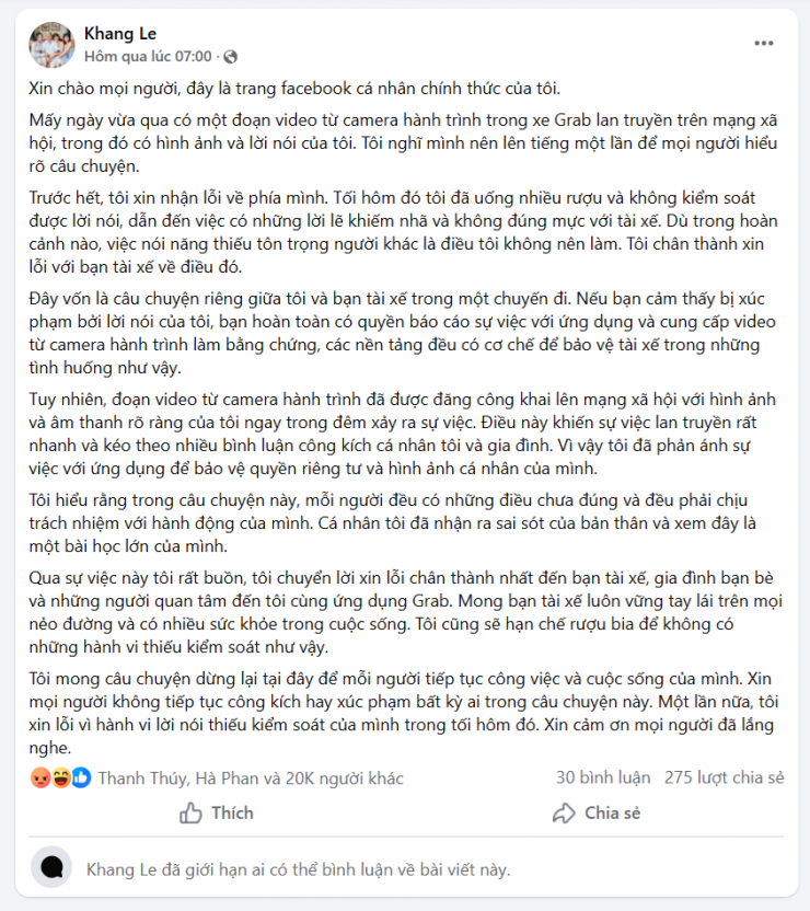 Nhạc sĩ Minh Khang lên tiếng xin lỗi trên trang cá nhân của mình.