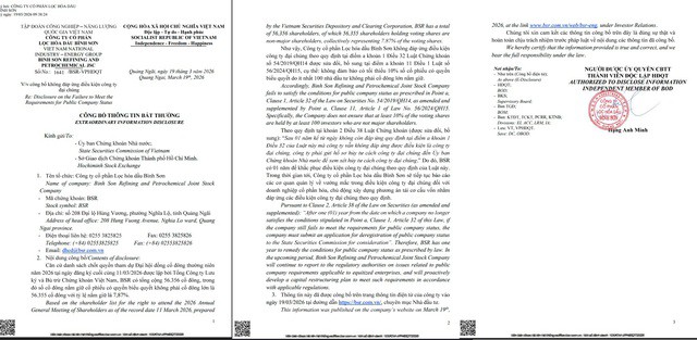 Văn bản thông báo của Lọc hóa dầu Bình Sơn.