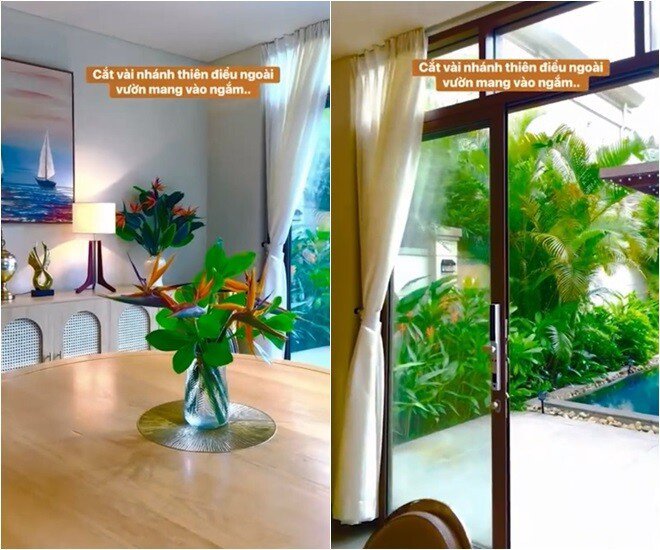 Góc trang trí tinh tế bên trong phòng của Lã Thanh Huyền với bình hoa thiên điểu vừa được hái từ sân vườn, tạo điểm nhấn rực rỡ trên nền nội thất gỗ ấm cúng và sang trọng. Được biết, gia đình mỹ nhân họ Lã hiện đang sinh sống trong căn biệt thự ven sông có giá trị lên đến 60 tỷ đồng tại Hà Nội. Với diện tích lên tới 450m2, đây không chỉ là nơi che nắng che mưa mà còn là một tác phẩm nghệ thuật kiến trúc thực thụ.