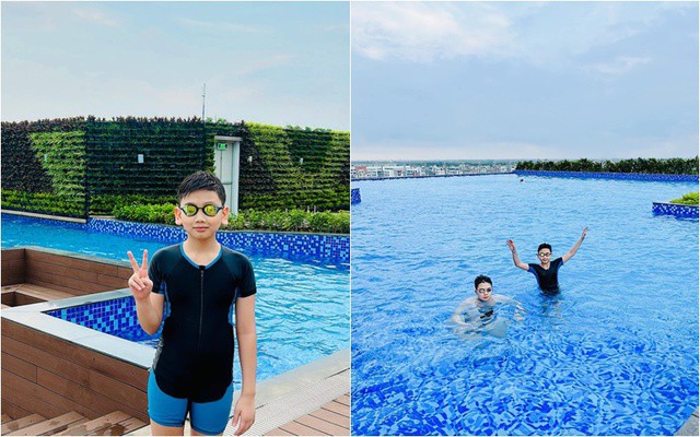 Cô tiết lộ quý tử Chum Chum cũng rất thích bể bơi và đã bơi không biết mệt ngay "resort tại gia" này.