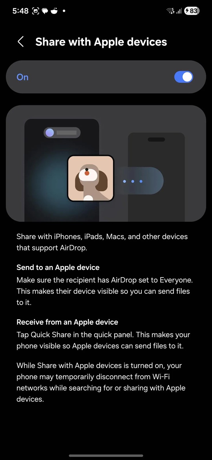 Việc bật/tắt tính năng Share with Apple devices là chưa thể ở thời điểm hiện tại.