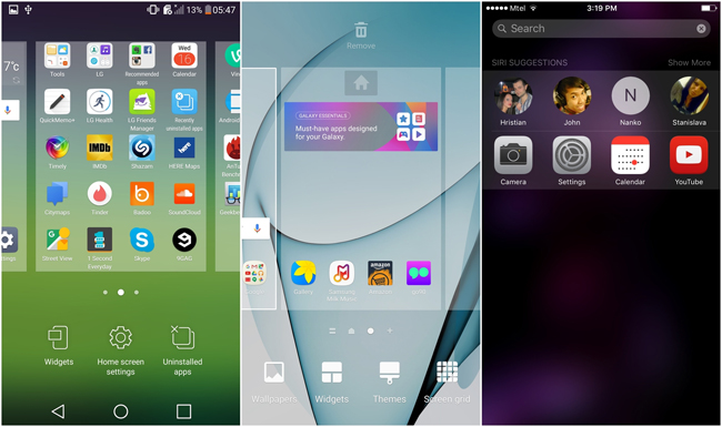 4. Màn hình Home Screen tùy chỉnh và tính năng tìm kiếm trực tuyến Spotlight

LG G5 &#40;LG UX&#41; bên trái

Samsung Galaxy S7 &#40;TouchWiz&#41; ở giữa

Apple iPhone 6s &#40;iOS 9&#41; bên phải