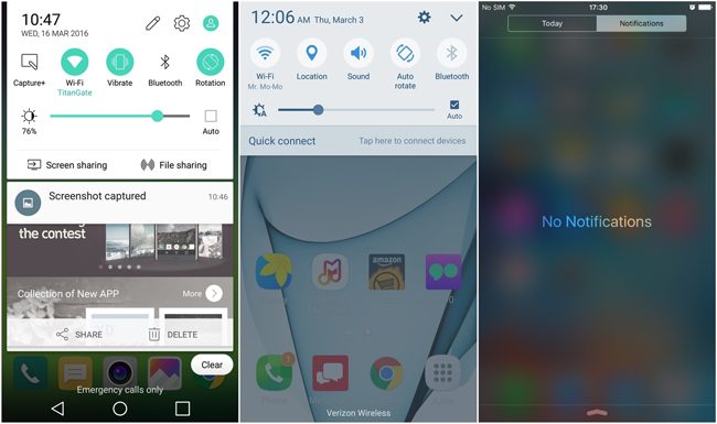 6. Thanh thông báo

LG G5 &#40;LG UX&#41; bên trái

Samsung Galaxy S7 &#40;TouchWiz&#41; ở giữa

Apple iPhone 6s &#40;iOS 9&#41; bên phải